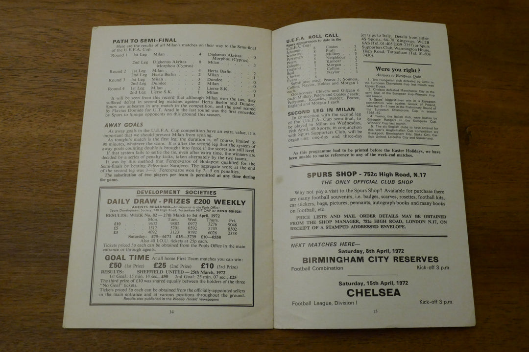 Programme Coupe d'Europe de l'UEFA 1/2 finale 1971/72 - Tottenham Hotspur FC / AC Milan _ #03341