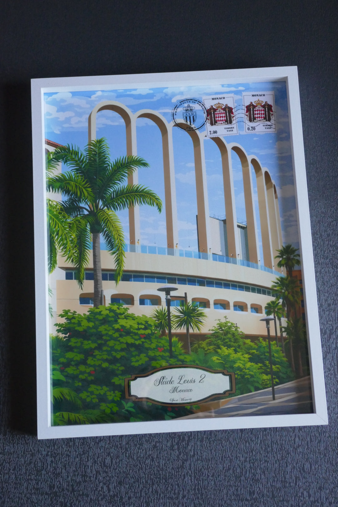 AS Monaco - Stade Louis II et Méditerranée - Cadre blanc _ (30x40)