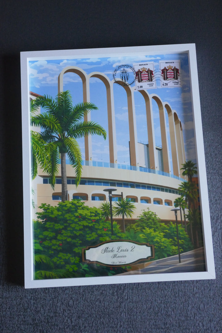 AS Monaco - Stade Louis II et Méditerranée - Cadre blanc _ (30x40)