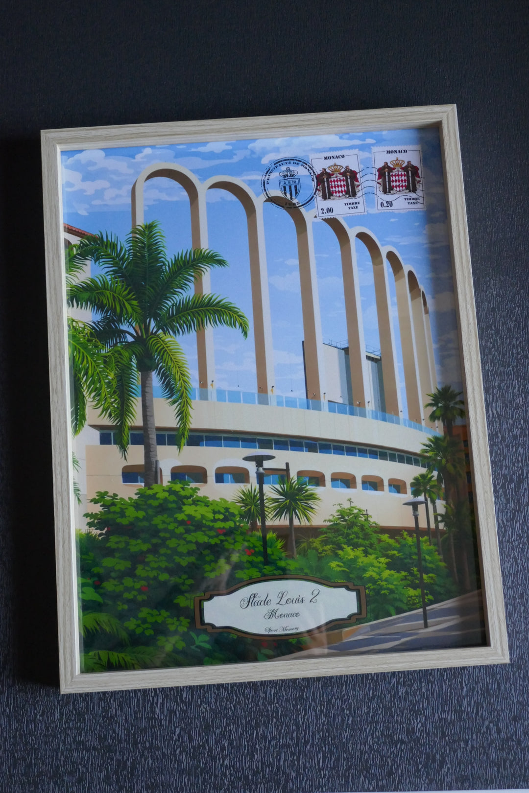 AS Monaco - Stade Louis II et Méditerranée - Cadre bois naturel _ (30x40)