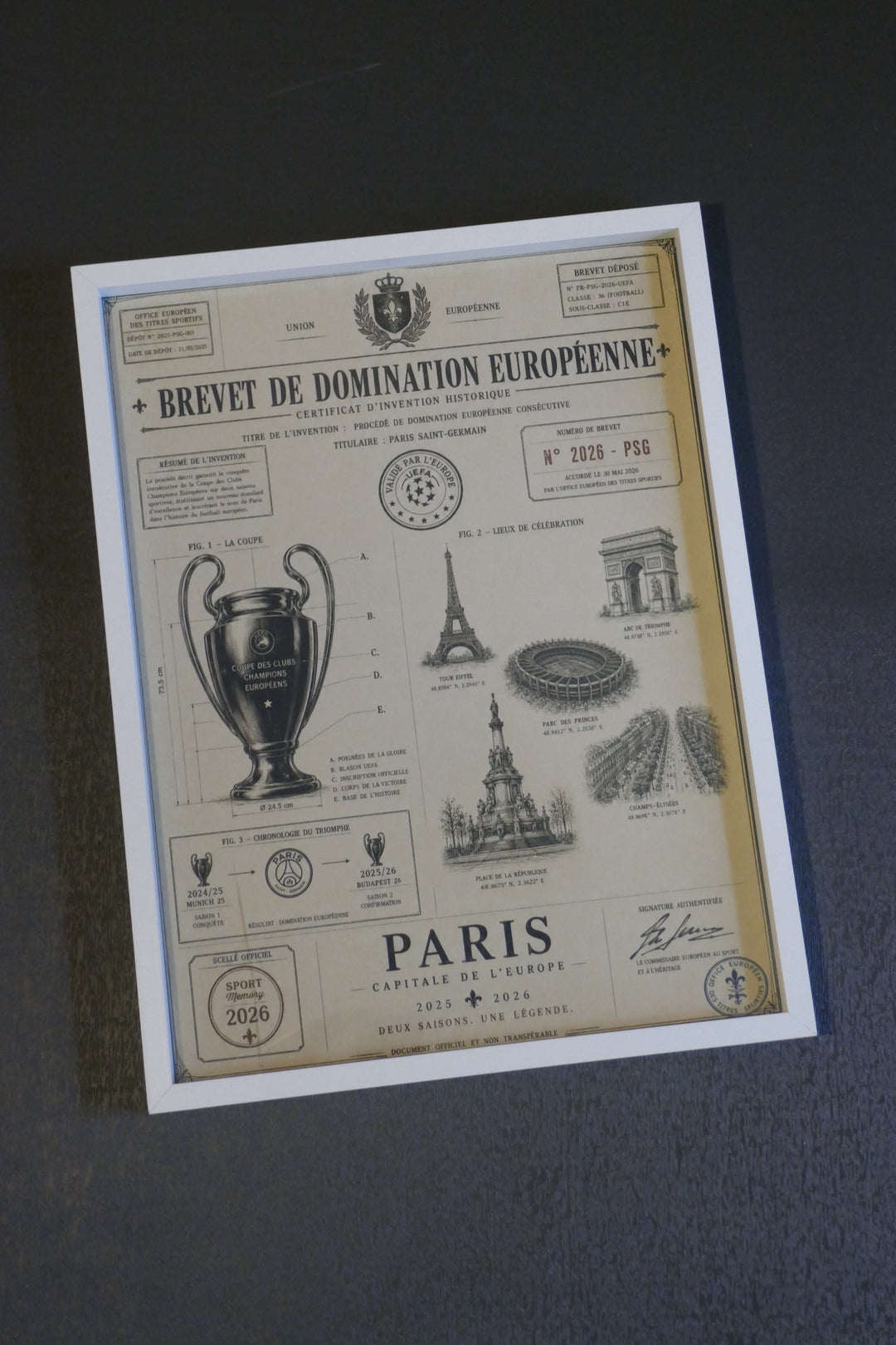 Paris Saint Germain - Champions League 2026 _ Brevet - Cadre blanc _ (30x40)
