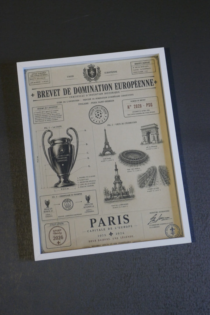 Paris Saint Germain - Champions League 2026 _ Brevet - Cadre blanc _ (30x40)