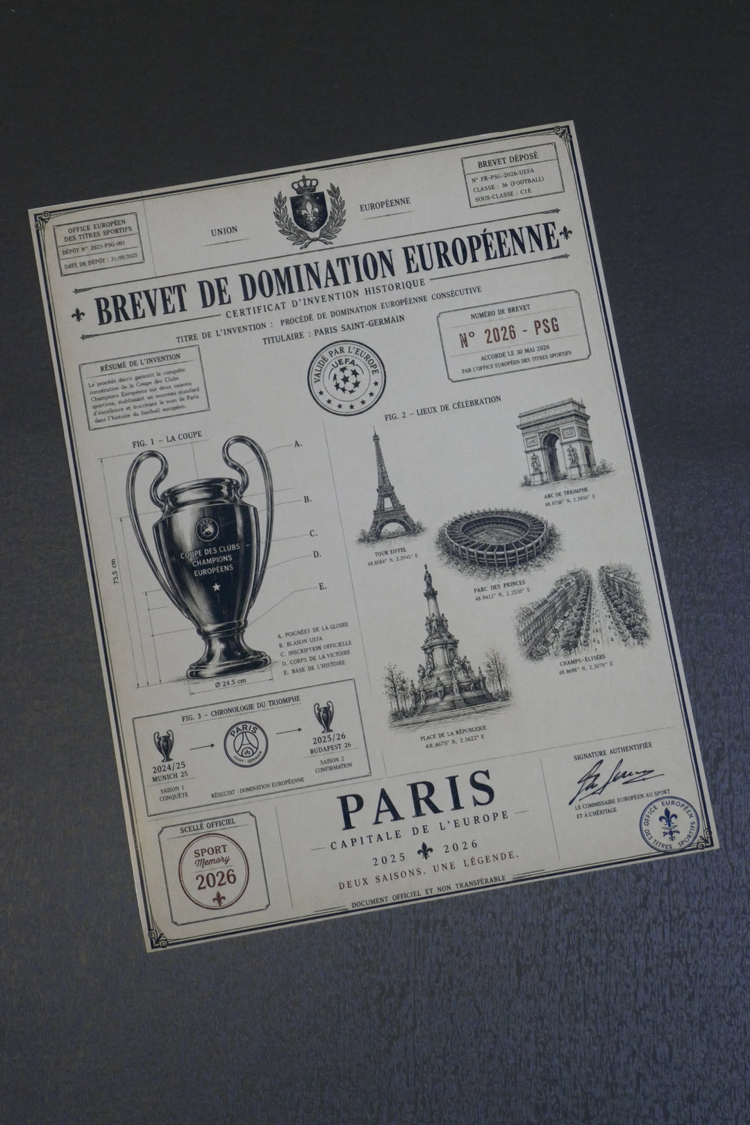 Paris Saint Germain - Champions League 2026 _ Brevet - Cadre bois noir _ (30x40)