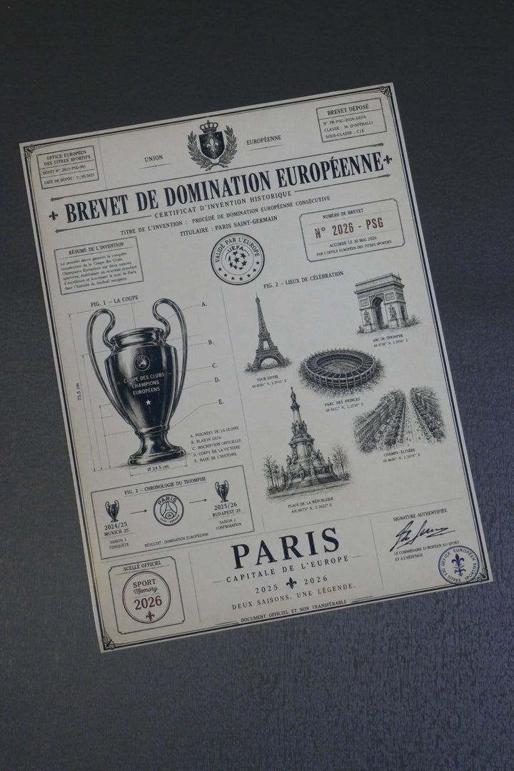 Paris Saint Germain - Champions League 2026 _ Brevet - Cadre bois noir _ (30x40)