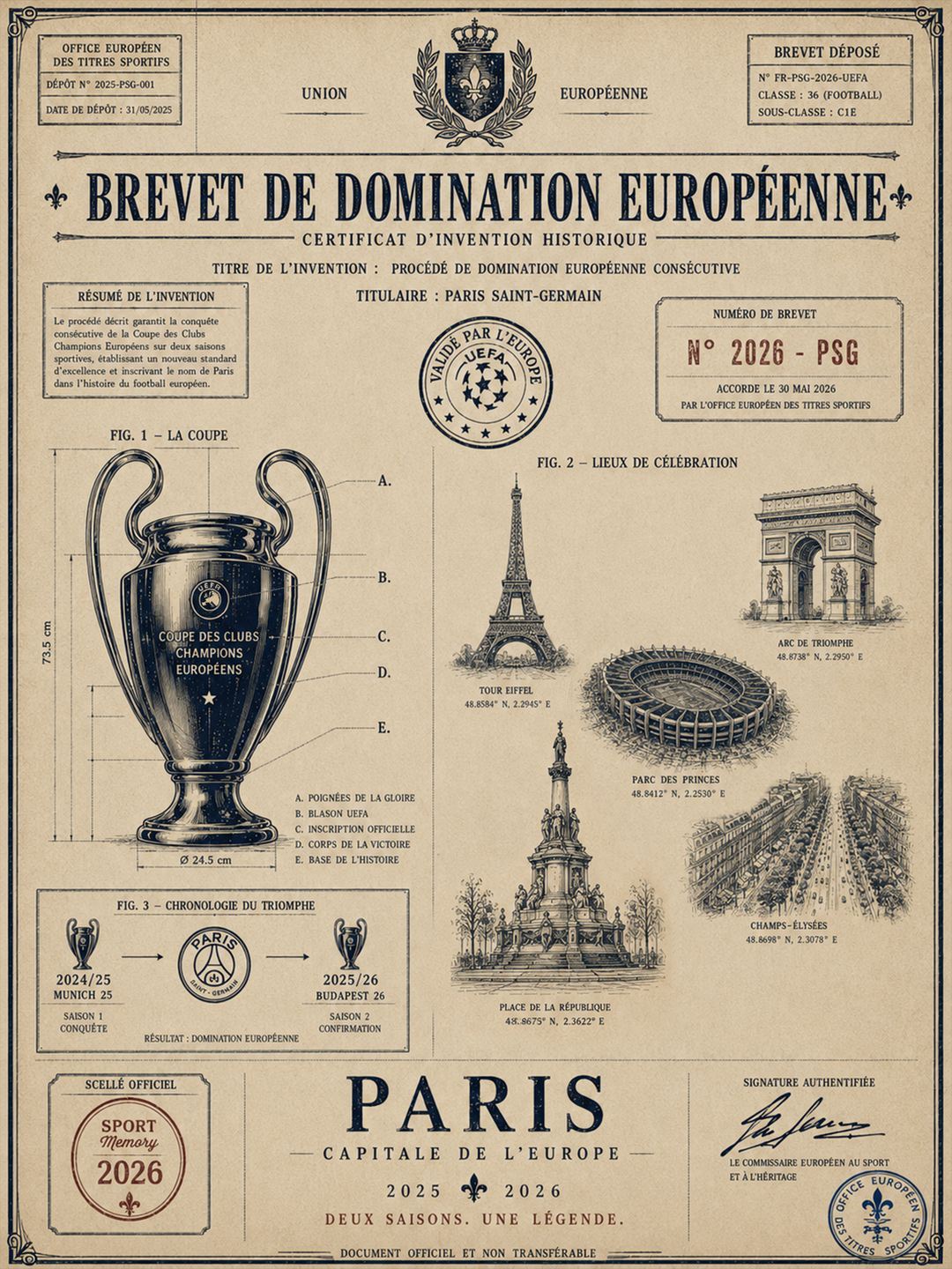 Paris Saint Germain - Champions League 2026 _ Brevet - Cadre blanc _ (30x40)
